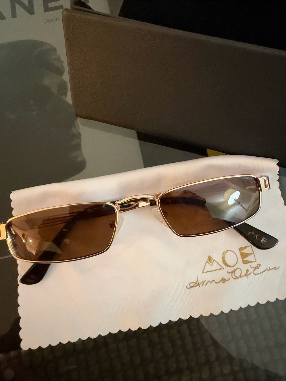 Arms of Eve Rectangular Gold Frame Sunglasses with Brown Lenses